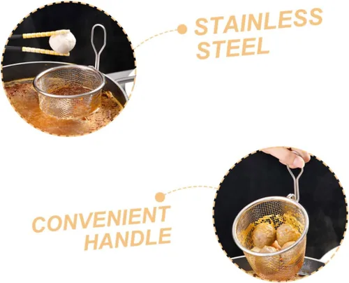 Vista 7 de Colador de pasta de acero inoxidable con mango de malla fina y herramienta de cocina para cocinar y drenar, diseño compacto para un fácil