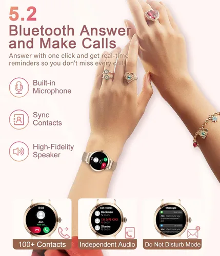 Vista 2 de Relojes inteligentes para mujer, 1.106 pulgadas AMOLED pequeña pantalla HD Smartwatch responder/hacer llamadas para teléfonos Android iOS, oro rosa