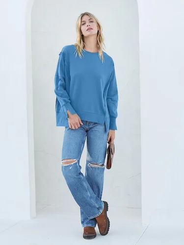 Vista 8 de MEROKEETY Sudadera holgada casual de manga larga tipo farol para mujer, cuello redondo, abertura lateral, 2023