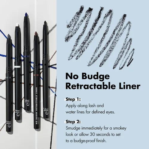 Vista 3 de e.l.f. Delineador de ojos retráctil No Budge, cremoso, ultra pigmentado e impermeable, crea líneas atrevidas y definidas, vegano y libre de Negro