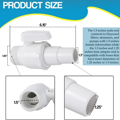Vista 2 de TonGass Válvula de bola económica de 2 vías MIP x 1.5" - 1.25" Compatible con filtro de piscina Hayward PN. SP0729 - Válvula no corrosiva