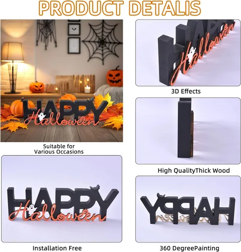 Vista 7 de GHOSTMAGIC Happy Halloween Sign Wooden Table Centerpiece Indoor Decoration 3D Wooden Tabletop Sign with Cute Ghost & Pumpkin for Halloween Decor