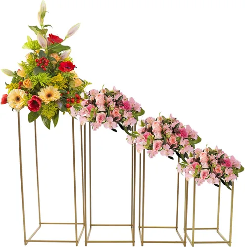 Vista 20 de 10 soportes de metal para centros de mesa de boda, jarrones de columna, soporte de flores de boda, soporte rectangular geométrico dorado