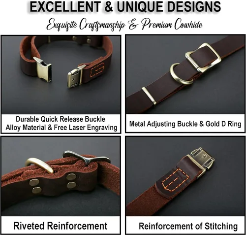Vista 4 de Collar de cuero personalizado para mascotas, collar de perro personalizado con placa de identificación grabable, collar transpirable con hebilla