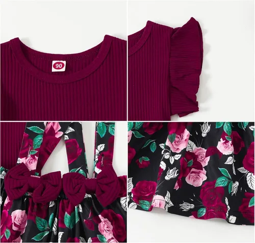 Vista 5 de AMAWMW Ropa para niña pequeña, camiseta acanalada con mangas con volantes, falda floral, diadema, 3 piezas, ropa para bebés y niñas
