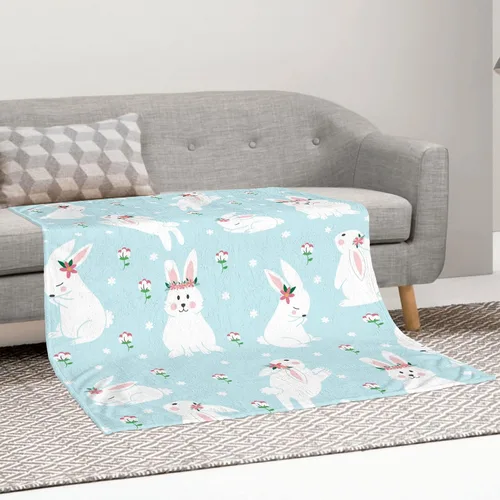 Vista 3 de Manta de Pascua y primavera, manta de felpa acogedora y suave para sofá, cama, sofá, viajes, campamento para adultos/niños, color azul y blanco
