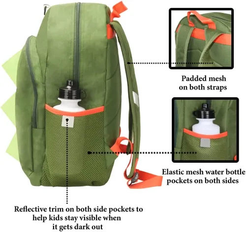 Vista 7 de Juego de mochila para niños, 16 pulgadas, 6 piezas, incluye bolsa de almuerzo plegable, botella de agua, llavero y estuche para lápices, Dinosaurio
