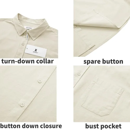 Vista 6 de JEKAOYI Mens Casual Linen Button Down Short Sleeve Shirts Beach Summer Spread Collar Pocket Tops