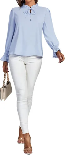 Vista 6 de Rooscier Blusa elegante de manga larga con volantes y cuello alto falso para mujer
