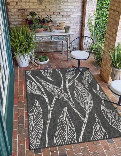 Vista 15 de Unique Loom Outdoor Botanical Collection Alfombra de área - Hoja (1.6 m x 2.4 m Rectangular, Carbón Marfil)