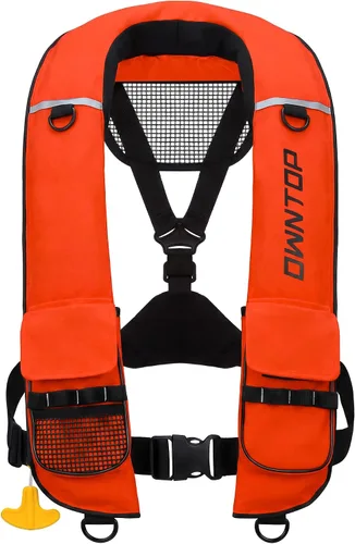 Vista 10 de Owntop Chaqueta de natación inflable para adultos, convertible automática/manual, cuello de neopreno, bolsillos grandes con solapa y trabillas