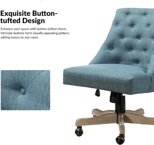 Vista 6 de Silla moderna de oficina en casa sin brazos, cómoda silla de escritorio tapizada con base de madera vintage, silla giratoria de altura ajustable