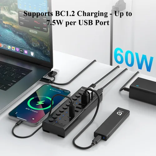Vista 4 de Concentrador USB con alimentación, concentrador USB C de 10 puertos con 6 USB-A 3.2, 4 puertos USB-C 3.2, interruptores individuales y adaptador