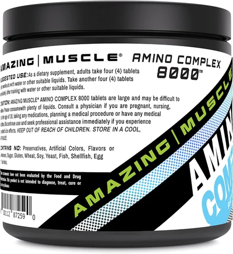 Vista 4 de Amazing Muscle Suplemento de complejo amino 8000 mg por porción 325 tabletas Fórmula con taurina, creatina, L-glutamina, proteína de suero