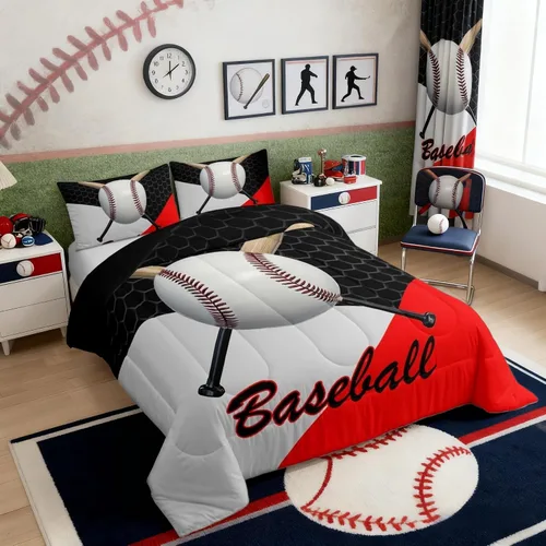 Vista 2 de Juego de edredón de béisbol en 3D para niños, tamaño twin, juego de ropa de cama para niños amantes de los deportes de juegos de pelota, decoración