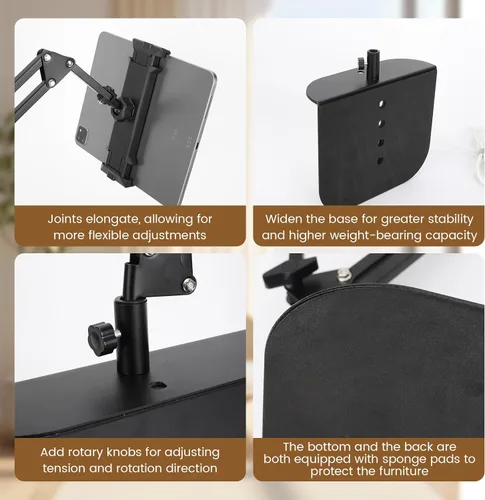 Vista 4 de Soporte para tablet para cabecero de cama, sofá, escritorio, soporte ajustable de 360° para teléfono y tableta, con manos libres, cómoda