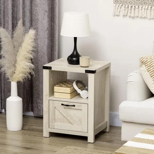 Vista 2 de Farmhouse End Table, Rustic Side Cabinet with Storage, Small Side Table with Drawer, Wood Effect Tabletop for Living Room, Oak