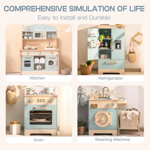 Vista 4 de ROBUD Juego de cocina de madera, juego de cocina de juguete para niños con diseño realista, utensilios, máquina de hielo, nevera, horno, lavadora