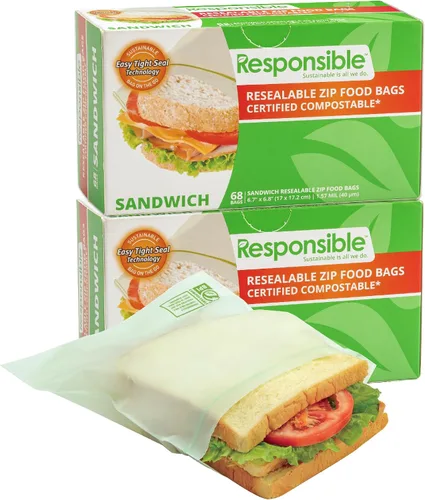 Vista 6 de Responsible Products Bolsa con cremallera resellable de gran galón compostable certificada, bolsas de alimentos extra resistentes, hechas