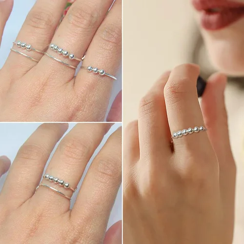 Vista 3 de Anillos giratorios ajustables de plata, anillo para aliviar la ansiedad, anillos de cuentas antipreocupaciones, regalo para mujeres, hombres y niñas