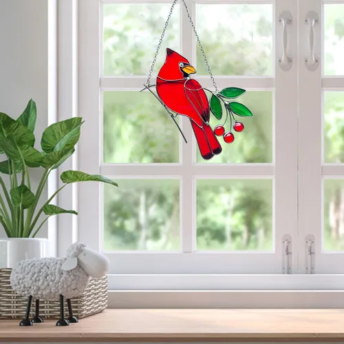 Vista 7 de Adornos de pájaros rojos, atrapasoles de vitral, colgante de vitrales cardenales, decoración cardenal para inauguración de la casa, regalos