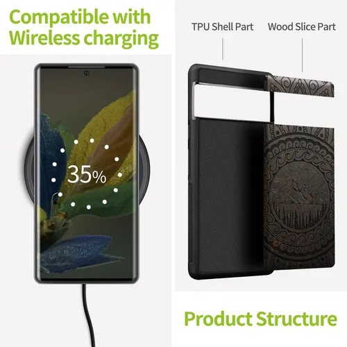 Vista 4 de Carveit Funda de madera para Pixel 8 Pro [madera natural y TPU suave negro] a prueba de golpes, funda de madera única compatible con Google Pixel 8