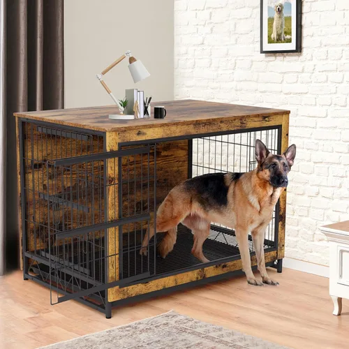 Vista 8 de TLSUNNY Muebles de jaula para perros, 44.1 pulgadas de madera para interiores con 2 puertas, jaula resistente con bandeja extraíble, mesa auxiliar