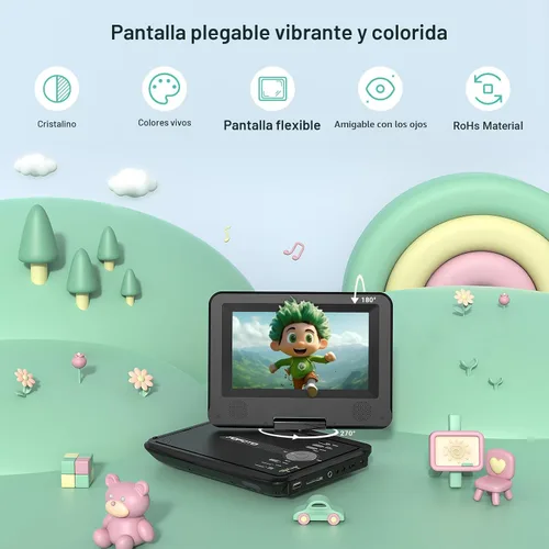 Vista 2 de POFOTO Reproductor de DVD portátil de 9.5 pulgadas para niños y automóvil con pantalla giratoria de 7.5 pulgadas, tiempo de trabajo de 4 a 6 horas