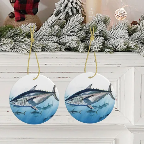 Vista 9 de Adorno de Navidad con estampado de atún azul, adorno redondo de Navidad, adornos colgantes para árbol de Navidad, hogar, fiesta, vacaciones