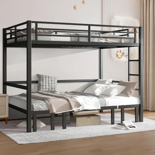 Vista 7 de Cama tipo loft de tamaño matrimonial con escaleras de almacenamiento integradas, armario, marco de cama alta de metal con barandilla lateral