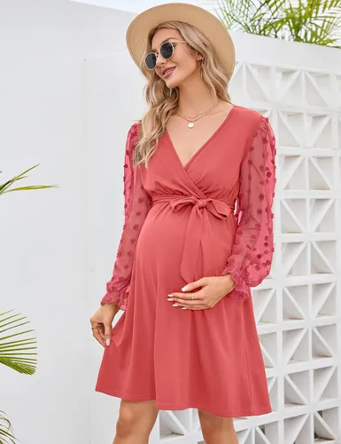 Vista 4 de Vestido de maternidad de manga larga con lunares suizos, cuello en V, para otoño, casual, bohemio, vestido midi para baby shower, sesión de fotos