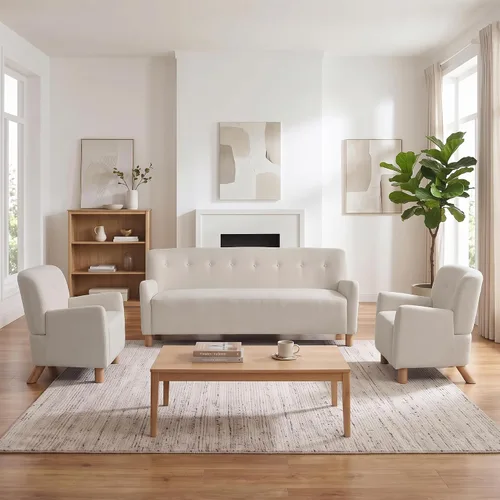 Vista 10 de Moderno juego de sofá de 3 piezas, 1 sofá biplaza y 2 sillones, juego de muebles modulares de sala de estar, tapicería Boucle, marco de sofá