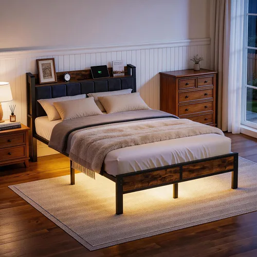 Vista 8 de Liians Base de cama LED de tamaño matrimonial con estación de carga y cabecera de almacenamiento, plataforma de metal, no necesita somier, fácil