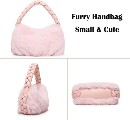 Vista 4 de Bolso de mano esponjoso para mujer, bolso de piel sintética con asa superior mullida, bolso de mano de felpa