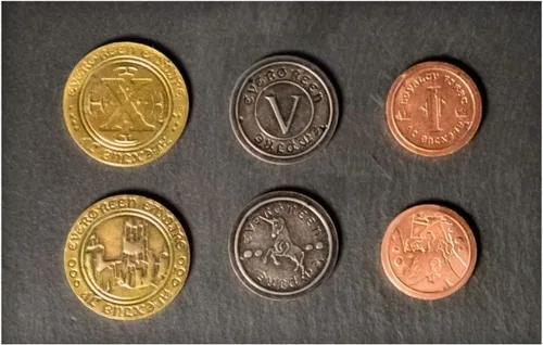 Vista 4 de Sleeve Kings Juego de 50 monedas de metal para juego de mesa (monedas industriales)