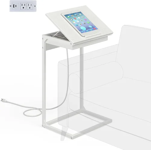 Vista 10 de sthmec Mesa auxiliar en forma de C con estación de carga, mesa auxiliar abatible ajustable de 45° con almacenamiento, mesa pequeña en C