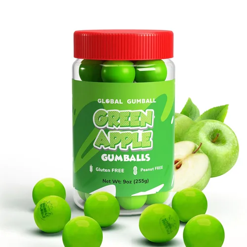 Vista 19 de Bolas de chicle en frasco - Bolas de chicle grandes de 1 pulgada - Goma de mascar sabor a arándano con burbujas - Goma para niños verde - Bolas