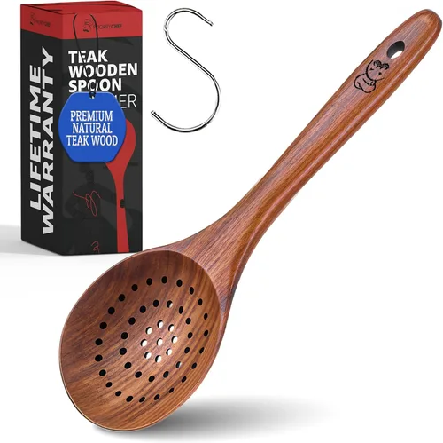 Vista 17 de PriorityChef - Cuchara larga de madera para cocinar, cuchara de cocina grande de teca duradera para servir, revolver y uso diario, segura