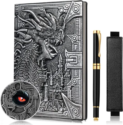 Vista 10 de Cuaderno vintage de cuero con relieve de dragón DND, cuaderno de viaje con bolígrafo negro y funda para bolígrafo. Diario A5 antiguo hecho a mano