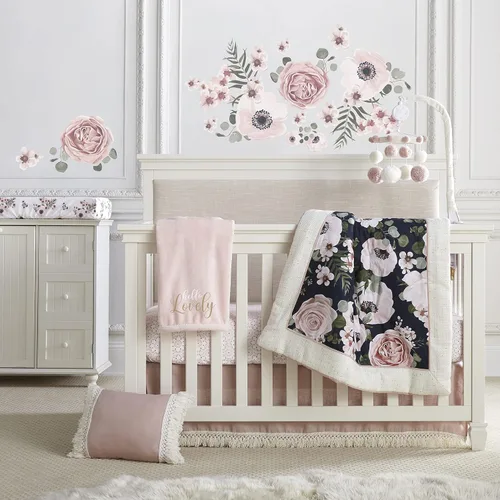 Vista 2 de Levtex Baby - Juego de cama para cuna Fiori - Juego de guardería - Floral - Carbón, coral, rosa, verde, crema - Floral llamativo - Juego de 4 piezas