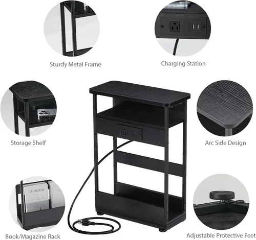 Vista 4 de YEAKOO Mesa auxiliar estrecha con estación de carga, mesa auxiliar de 3 niveles con 2 puertos USB y tomas de corriente, mesa auxiliar delgada