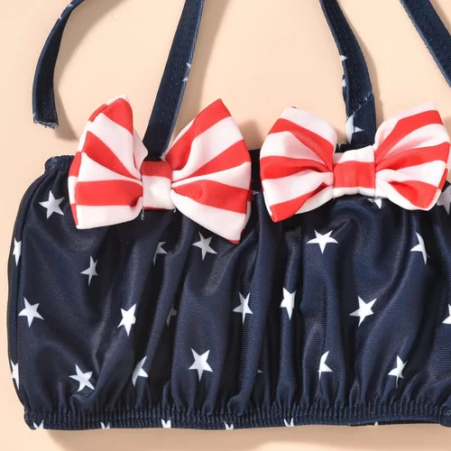 Vista 6 de Aalizzwell Conjunto de bikini de 3 piezas para niñas pequeñas con sombrero Bandera estadounidense