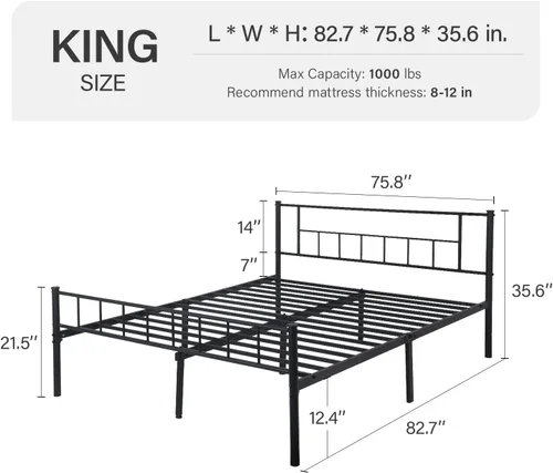 Vista 2 de Base de cama King de 12 pulgadas con cabecero, marco de cama de metal resistente con almacenamiento, base de cama de colchón no necesita somier