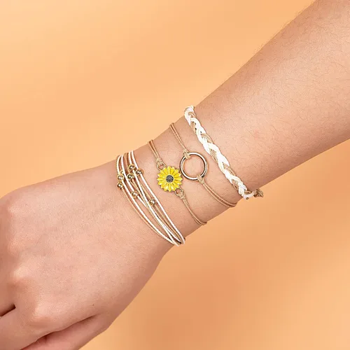Vista 6 de Pulsera de cuerda trenzada hecha a mano con diseño de girasol para adolescentes y mujeres