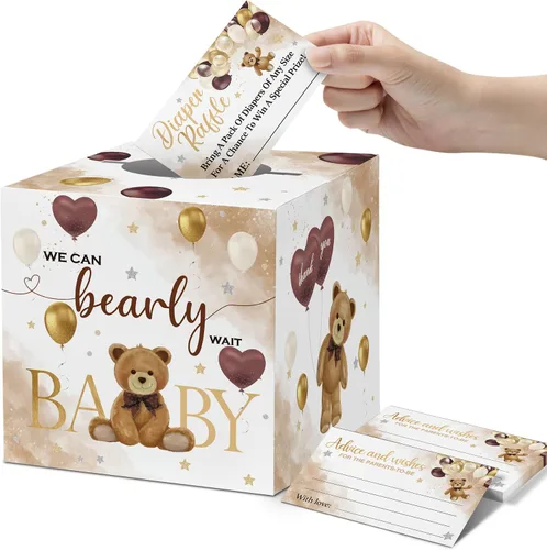 Vista 8 de skuhyyg 50 boletos para rifas de pañales con caja de juego para baby shower, oso azul, oso rosa, letrero de sorteo de pañales, con texto en inglés