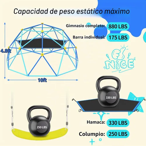 Vista 2 de Gardenature - Cúpula de escalada de 10 pies con hamaca y columpio, gimnasio de jungla al aire libre para niños, estructura de escalada de cúpula Azul