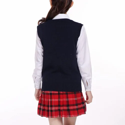 Vista 4 de Blostirno Chaleco de suéter para mujer, cuello en V, uniforme JK, chalecos Kint, sólido, clásico, sin mangas, suéteres