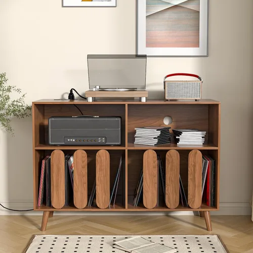 Vista 9 de Oubayajia Soporte Grande para Tocadiscos, Soporte de Almacenamiento de Discos de Vinilo, Mesa para Tocadiscos con Toma de Corriente, Soporte