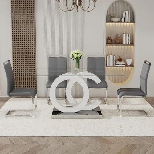 Vista 10 de Juego de mesa de comedor de vidrio Ebullient para 4, juego de mesa de comedor de 5 piezas, mesa de comedor de vidrio templado, mesa de comedor