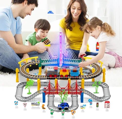 Vista 5 de Juego de tren eléctrico para niños de 4 a 8 años con juego de pistas de tren y pistas de automóvil, puente iluminado, señal de tráfico, sonido